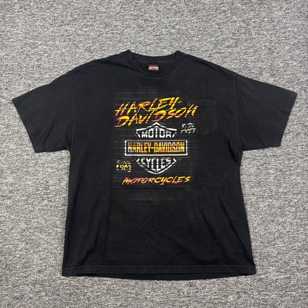 Harley Davidson Motorcycle Biker Black Graphic Pocket T-Shirt Men's Large
